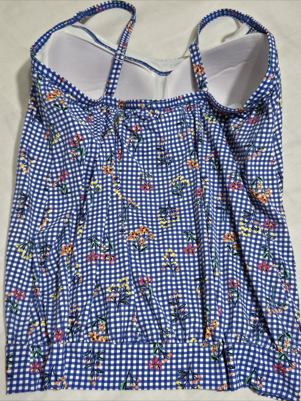Lands' End Blouson Tankini -  Electric Blue Botanical Check - Picture 2 of 16